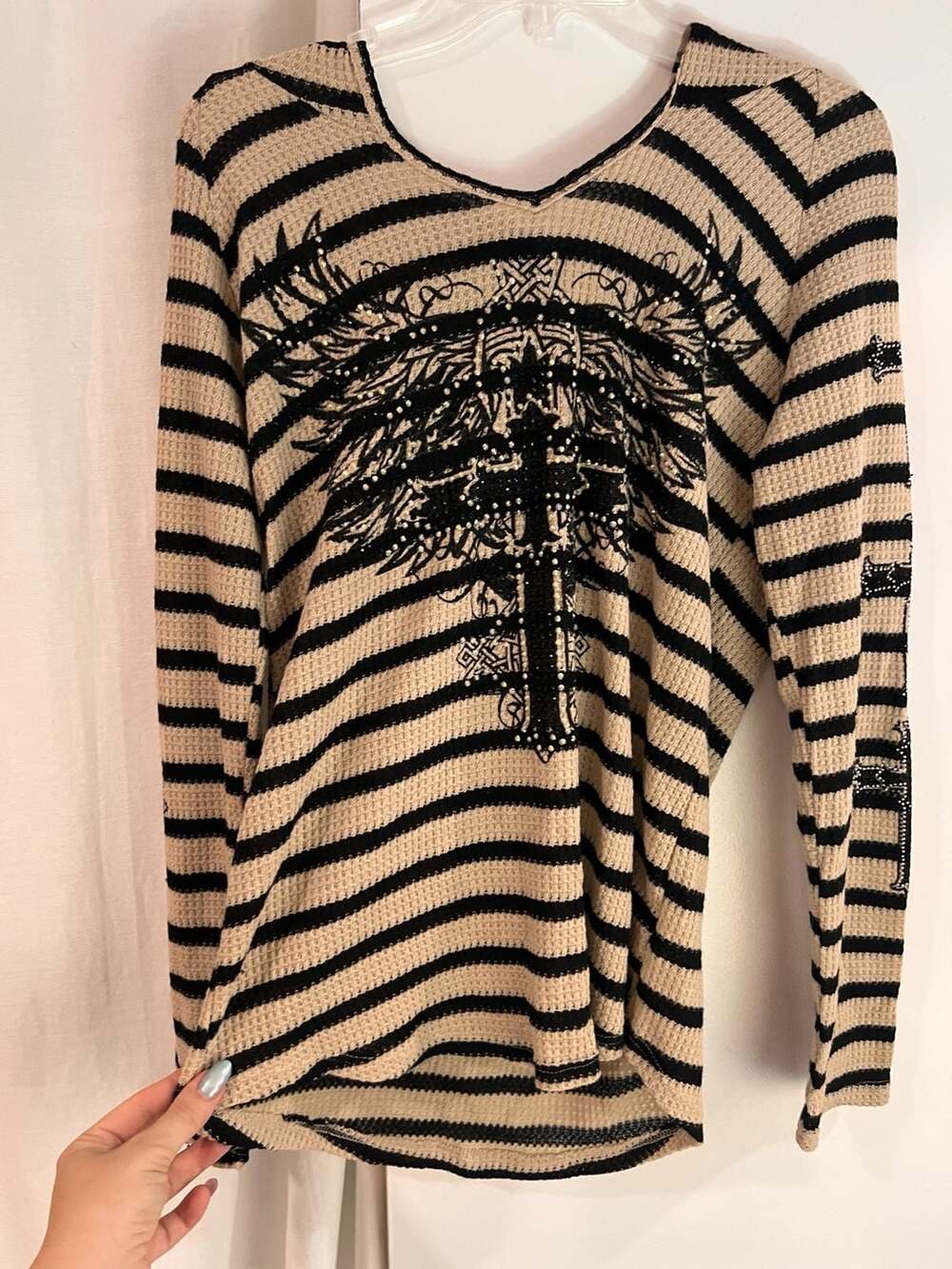 Vocal Black and Beige Striped Thermal Rhinestone Cross Wing Long Sleeve Top